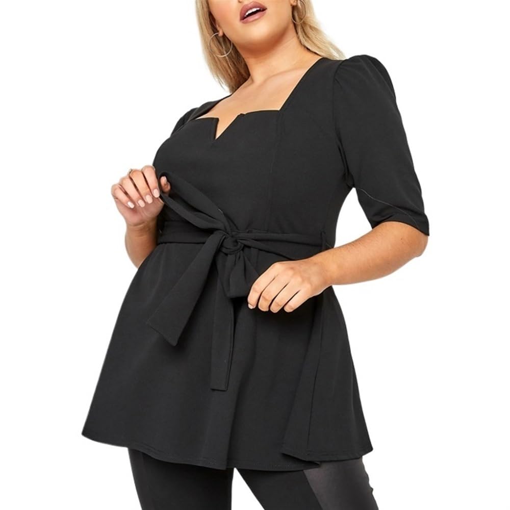 Grande Taille Été Mode Col Carré Demi Manches Hauts Pour Les Femmes À Volants Ourlet Chemise Fluide Élégant Travail Bureau Blouse