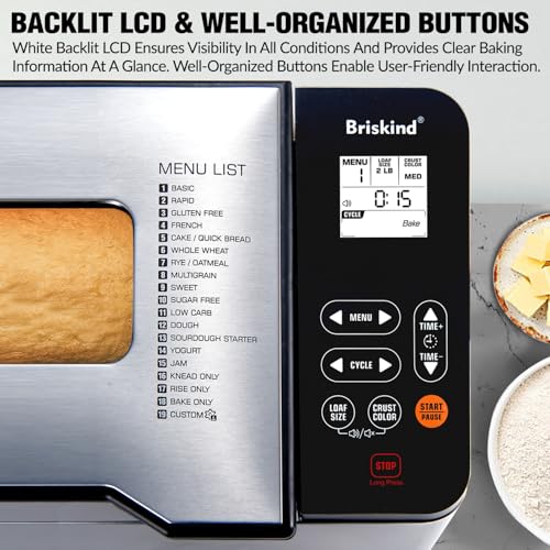 Bread Maker Machine with Ceramic Nonstick Pan, 19 Menus, 2 Pound Stainless Steel Breadmaker with Glass Touch Panel, Gluten Free, Sourdough Starter, Custom Setting, 3 Loaf Sizes & Crust Colors