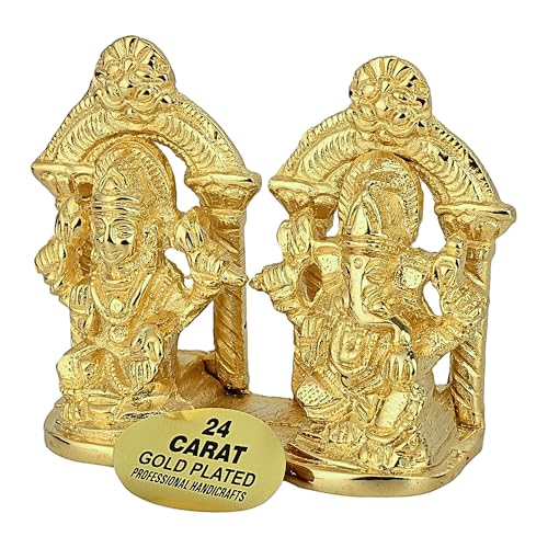 Image of 24K Gold Plated Brass Laxmi Ganesh Idol, Handicraft God Statue for Home Temple Office & Pooja, Murti for Mandir & Decor Diwali Gift, Wedding Anniversary & Corporate Gift, Housewarming- 3 inch, 400gm
