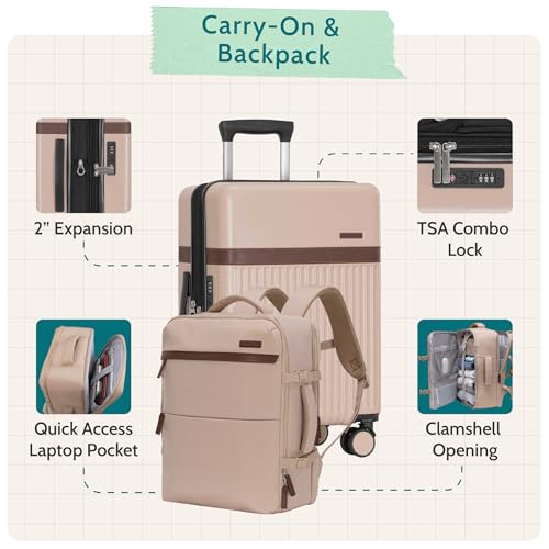 Image of U.S. Traveler Vista Way 3-Piece Travel Set, 21-Inch Carry-on Hardside with TSA Lock, 18-Inch Travel Backpack with Laptop Sleeve, Toiletry Bag, Beige
