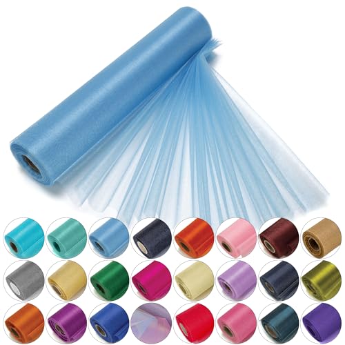 Trimming Shop Organza Roll Snow Sheer Glitter Fabric Elegant Decorative Cloth for Chair Bow Sash, Table Runner,Wedding Venue, Party Decoration, 25m x 29cm, Blue