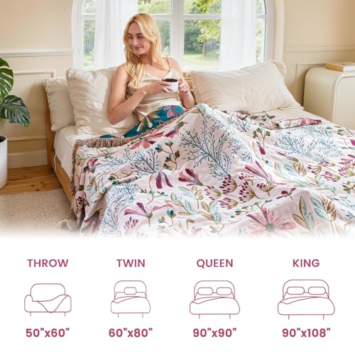 Image of MSGKV Boho Throw Blanket 60 inchx80 inch 100% Cotton Floral Blanket for Couch Bed