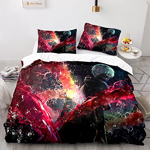 Bettwäsche 135x200 Japan Tokio Karikatur Ghul Anime Bettbezug Set 3D Druck Bettwäsche Set 3 Teilig Mikrofaser Bettbezüge Bettbezug 2 Kissenbezug 80x80cm mit Reißverschluss Cover
