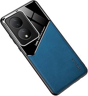 Dl3 Mobilak Luxury Case Compatible with Honor X7B, Ultra-Thin Soft TPU Frame, Back Leather Mixed Double+Plexiglass Protective Cover With Built-in Car Magnetic (Blue)