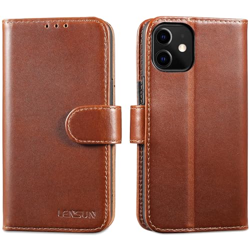 LENSUN Genuine Leather Case for iPhone 12 Mini, Flip Case with Magnetic Closure, Stand Function, Card Slot, RFID Blocking - Dark Brown