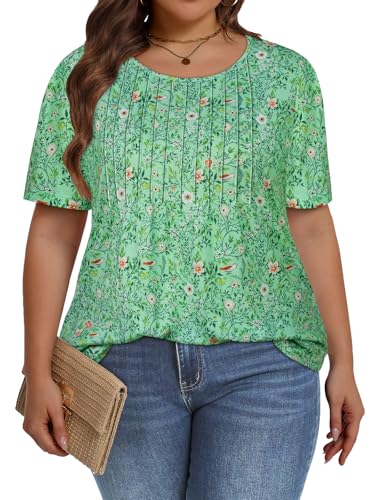 Image of Plus Size Tops for Women Pleated Summer Top Trendy Short Sleeve Shirts Casual Basic Tee Crew Neck Blouses 2026