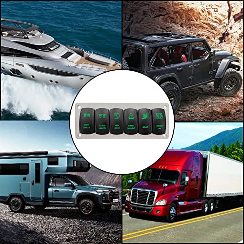 Image of Customize 6 Gang Rocker Switch Panel with Silver Mounting Bracket Green Led Toggle Switch Panel for Car Marine Boat Yacht RV Camper 12V 24V IP66