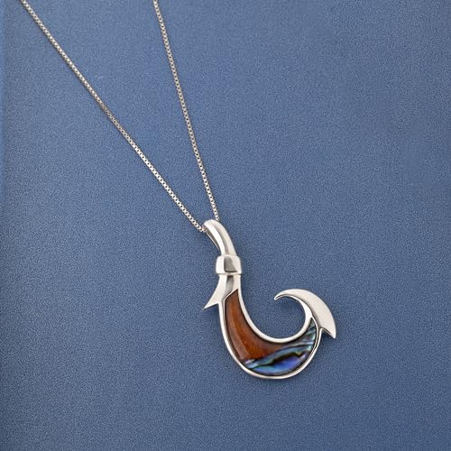 Aloha Jewelry Company 925 Sterling Silver Koa Wood and Abalone Shell Hawaiian Mauka to Makai Fish Hook Necklace Pendant with 18" Box Chain, Nickel Free Hypoallergenic for Sensitive Skin, Gift Box Included2
