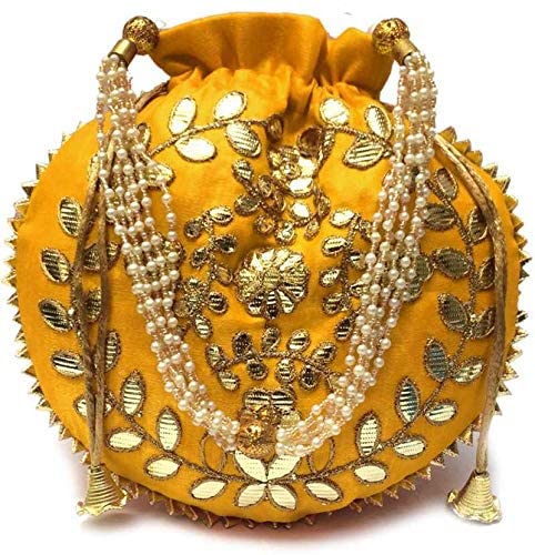 GenericWomen’s Handbag, Wedding Potli Bag, Evening Bags, Designer Silk Potli Bag, Yellow Potli Bag Purse, Indian Ethnic Potli Bag, Gota Patti Handbag