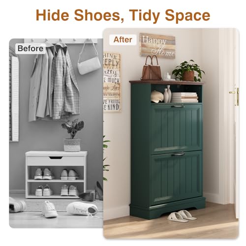 Image of 24 inch W Hidden Shoe Storage Cabinet with 2 Flip Drawers & Open Storage