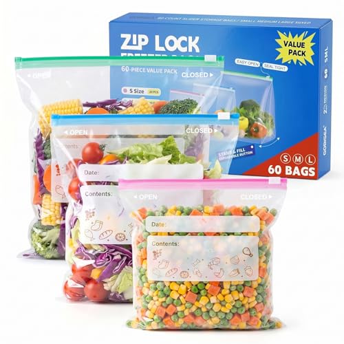 GobiSea 60-Pack Zip Lock Freezer Bags 3 Sizes S/M/L Zip Seal Food Storage Bags BPA-Free Ziplock Food Bags with Expandable Bottom for Fruits Veggies Meat Snacks Grains