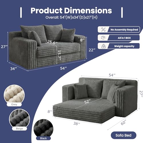 3-in-1 Convertible Sofa Bed: Boneless Loveseat Sleeper & Folding Couch Bed with 4 Pillows & Detachable Cushion, Furry Futon Couch for Bedroom, Apartment, Office and Living Room, No Assembly, Grey - Image 3