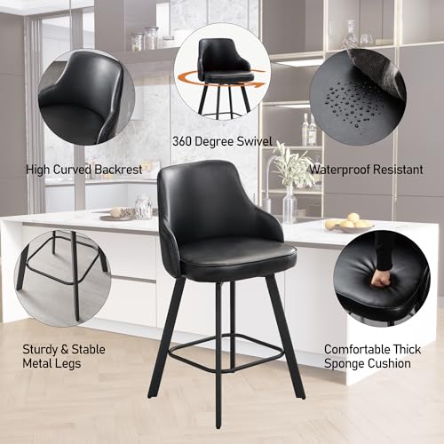 Image of Black Bar Stools Set of 3, 26 inch Faux Leather Counter Stools with High Back