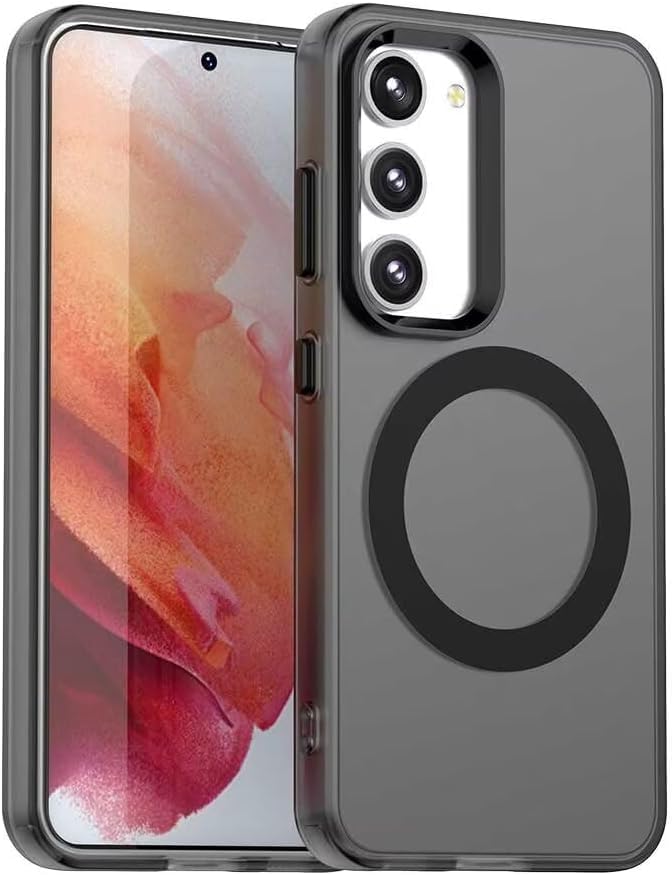 Image of Elzzi Magnetic Case for Samsung Galaxy S25 5G Cover, [Compatible with MagSafe] Slim Fit Shockproof Translucent Matte Hard Back Phone Cover with Protective Bumper for Men & Women (Black)
