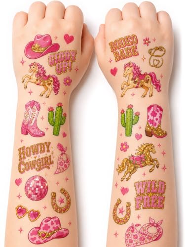 Cowgirl Temporary Tattoos for Girls – 88 Western Designs, Pink Rodeo Party Favors, Cute Horse,...