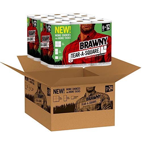 Brawny Tear-A-Square Paper Towels, 12 = 24 Regular Rolls, 3 Sheet Size Options, Quarter Size Sheets, 12 Count, 12 Count (Pack of 1)