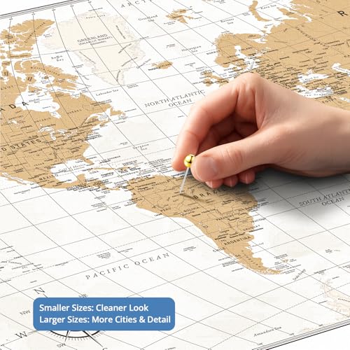 Image of IPIC - Custom Vintage World Map Canvas Wall Art, Personalized Artwork With Names and Message, Framed Travel Decor for Home, Office, or Study, Push-in Map for Travel Lovers