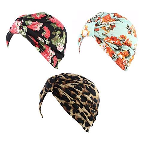 DINPREY Womens Floral Print Cotton Turban Hat Cap Hair Wrap Soft Pleated Chemo Sleep Cap with Cancer Hair Loss - Multicoloured - One Size Cover