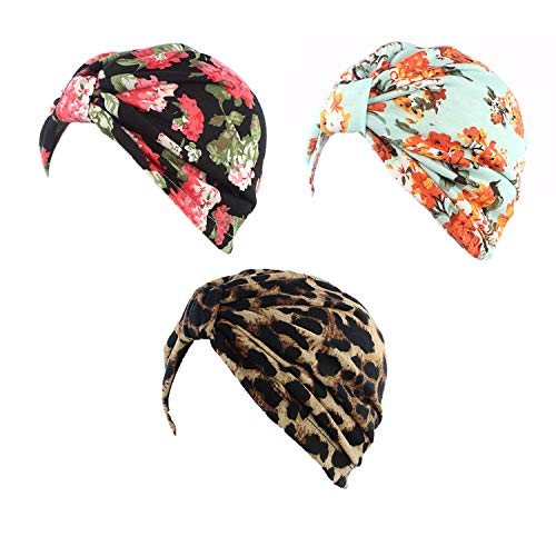 Dinprey Womens Floral Print Cotton Turban Hat Cap Hair Wrap Soft Pleated Chemo Sleep Cap With Cancer Hair Loss (3 Colors Set - D) #TOP23