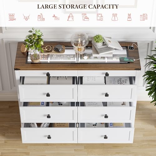 Farmhouse 8 Drawers Dresser and Nightstand Sets for Bedroom, Tall Wood Chest of Drawers with LED Light/Charging Station/Human Sensor,Clothes Dressers for Closet,Living Room,Hallway,bookcase(White Set)