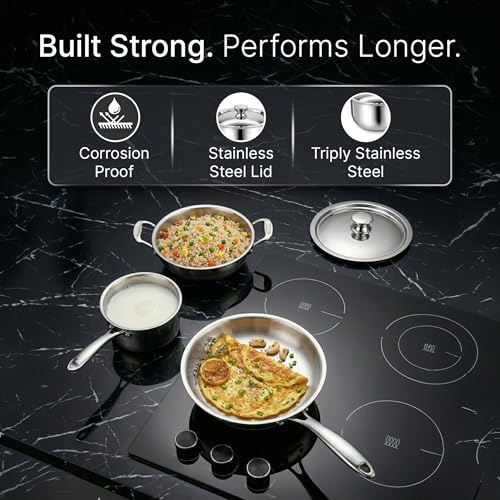 Image of AGARO Regency Triply Cookware Set of 3, 24 cm Kadai (2.7L), 24 cm Fry Pan (2.2L) & 16 cm Saucepan (1.5L), Induction & Gas Compatible, Even Heating, Non-Toxic, Dishwasher Safe cookware for Kitchen
