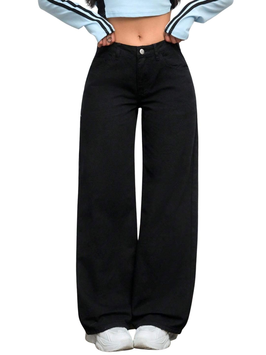 Women Jeans Black Classic Straight Cut Modern Casual Denim-picture-50