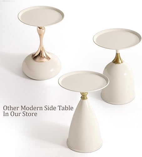 Miniatura 4 de MSOBAIW Mesa auxiliar redonda pequeña para espacios pequeños, moderna mesa auxiliar de pedestal para sala de estar, mesas de bebidas de metal crema,