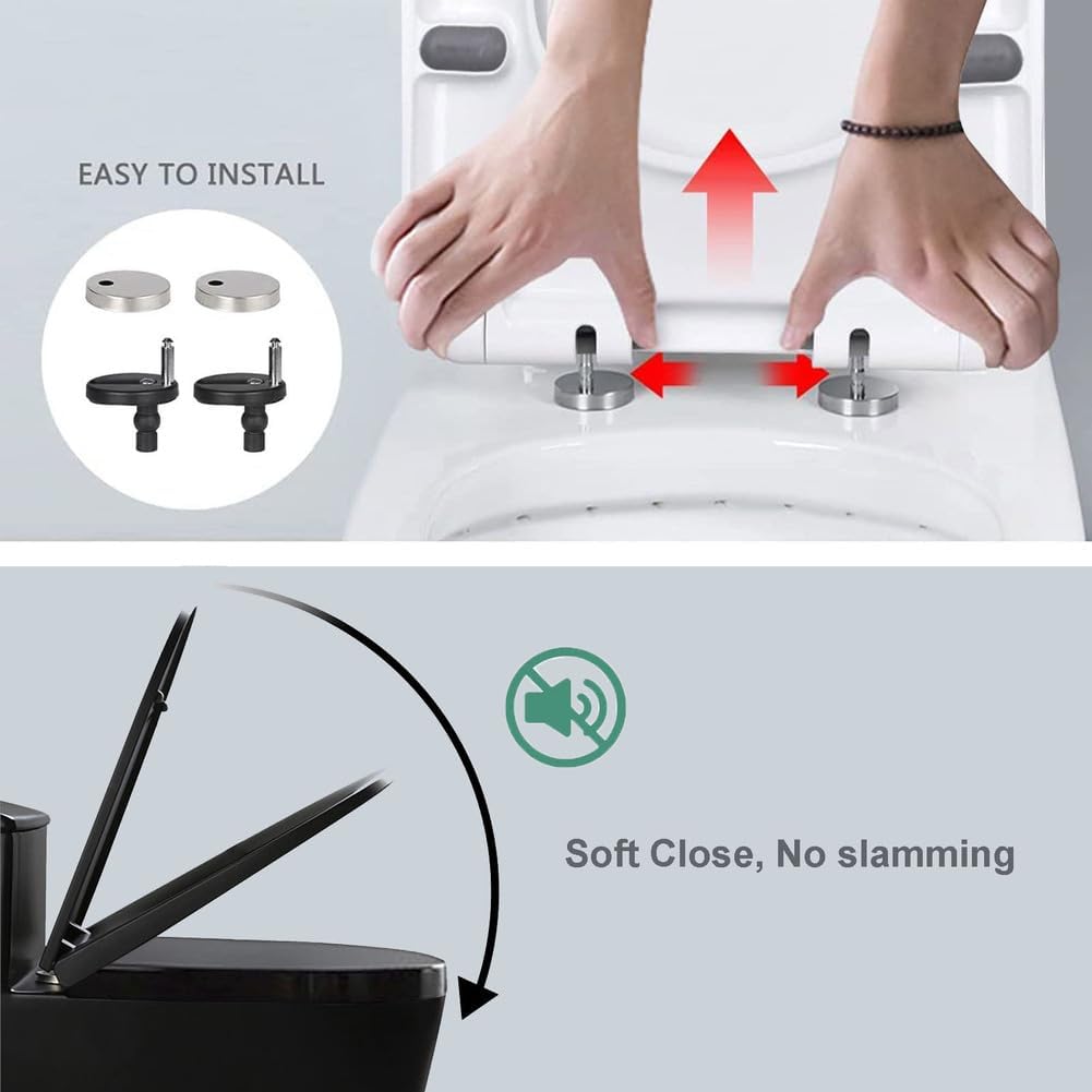 Black Soft-Close Toilet Seat with Quick-Release for Easy Cleaning, D-Shaped UF Material
