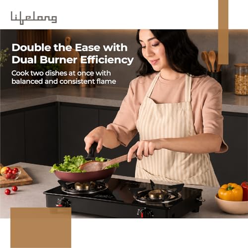 Image of Lifelong 2 Burner Gas Stove with Gas Lighter | Modern Glass Stove with 6mm Toughened Glass | High-Efficient Manual Ignition Cooktop | ISI Certified & LPG Compatible | 360 Flexible Gas Inlet (Black)