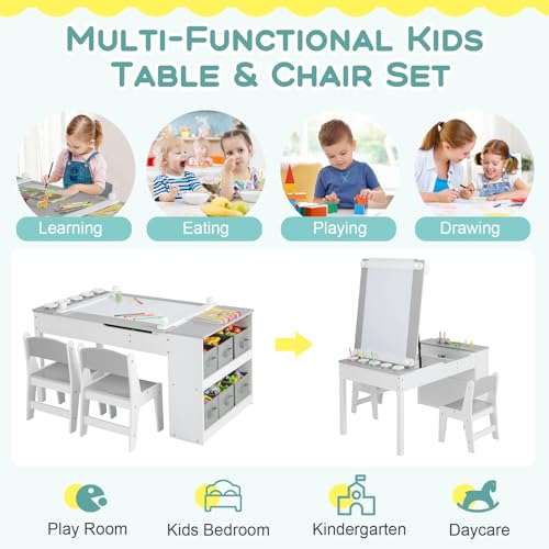 Costzon-3-in-1-Kids-Table-and-Chair-Set-Wood-Art-Table-Easel-Set-w-2-Chairs-6-Storage-Bins-Paper-Roller-Paint-Cups-for-Draw-Write-Play-Arts-Crafts-Toddler-Table-and-Chair-Set-Gray Costzon 3 in 1 Kids Table and Chair Set Wood Art Table Easel Set w 2 Chairs 6 Storage Bins Paper Roller Paint Cups for Draw Write Play Arts Crafts Toddler Table and Chair Set Gray