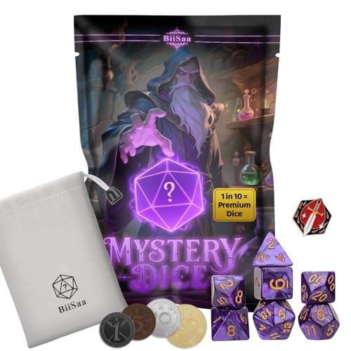 DND Mystery Dice Set – 7 Random Polyhedral RPG Dice, 4 Metal Coins, Enamel Pin & Velvet Bag – 1 in 10 Chance to Get Premium Dice – Gift for...