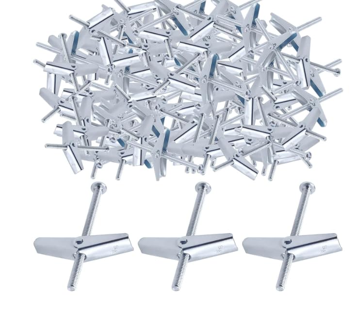 Glarks 60Pcs 1/8'' Zinc Plated Steel Round Head Toggle Bolt and Wing Nut for Hanging Heavy Items on Drywall (1/8'')