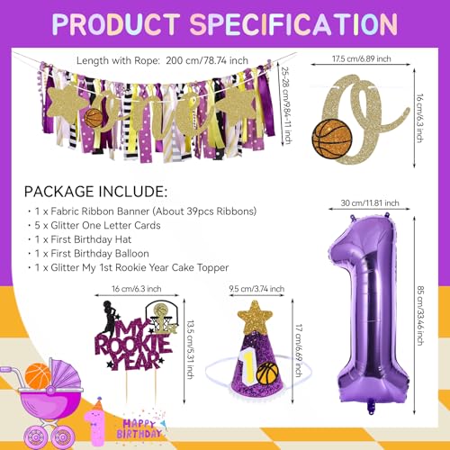 Image of Basketball Highchair Banner for First Birthday Party Decorations | My 1st Rookie Year Basketball Banner for Boys Purple Gold High Chair Fabric Banner for One Birthday Backdrop Decorations