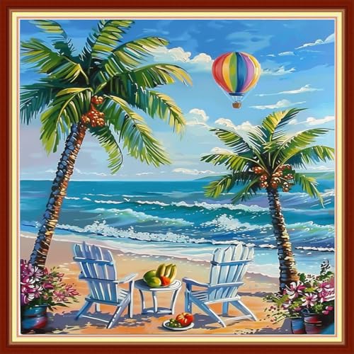 Image of Joyhoor Cross Stitch Kits for Beginners Stamped Cross-Stitch Supplies Needlework preprint Embroidery Kits for Adults DIY Needlepoint Kits Embroidery Patterns 11CT-Rest by the Seaside 18x18 inchs