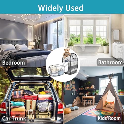 2 Stück Große Pop Up Wäschekörbe 70–75 L Faltbar & Atmungsaktiv mit Henkel und Seitentasche Tragbar Faltbare Wäschekörbe für Badezimmer Schlafzimmer Camping Dorm Reisen (Grau)