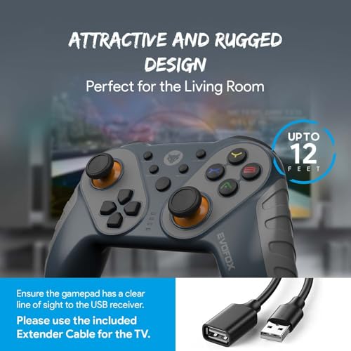 EvoFox Elite Ops Wireless Gamepad for Google TV and Android TV | 8+ Hours of Play Time | Zero Lag Connectivity Upto 12 Feet | USB Extender for TV Included | (Dusk Grey) EvoFox Elite Ops Wireless Gamepad for Google TV and Android TV | 8+ Hours of Play Time | Zero Lag Connectivity Upto 12 Feet | USB Extender for TV Included | (Dusk Grey)