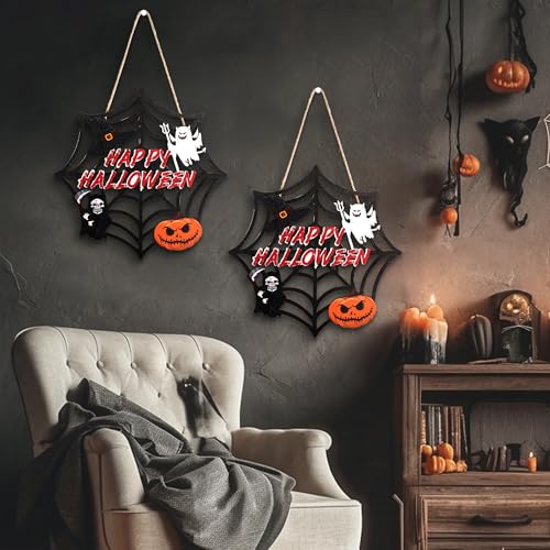 Image of Halloween Party decorations - Welcome Sign for Front Door,Rustic Round Wood Wreaths for Outdoor Outside,Spider Web Garland Porch Ghost Decor for Party Favors Supplies | Halloween Decor for Wall Indoor