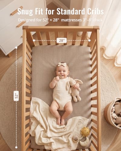 Image of Blissful Diary Muslin Crib Sheets, 2 Pack, Beige Gingham & Brown Gingham | fitted for 52''x28'' crib mattress, soft and breathable cotton, boho style, easy care for machine wash, gift for boy and girl