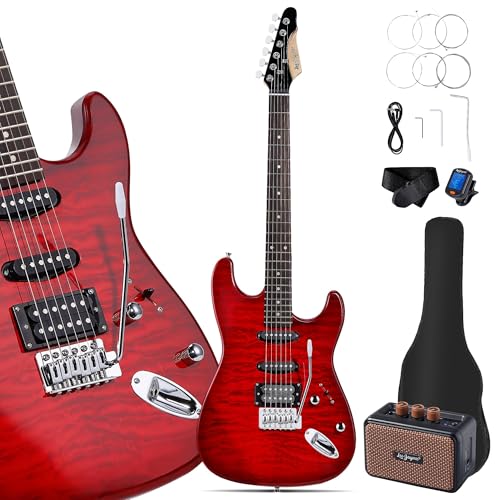 Leo Jaymz 39' Full Size ST Style Electric Guitar Starter Kit with SSH Pickup, 5W Portable Amp, Tuner, Gig Bag, Strap & Accessories (Red Ocean 5W)