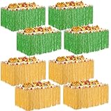 Juexica 8 Packs Luau Grass Table Skirt 9 ft x 30 Inch Hawaiian Table Skirt Faux Hibiscus Flowers Hawaiian Party Decorations (Yellow, Green)