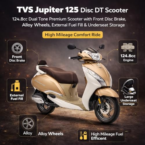 Image of TVS Jupiter 125 Disc DT Scooter | 124.8cc Dual Tone Premium Scooter with Front Disc Brake, Alloy Wheels, External Fuel Fill & Underseat Storage | High Mileage Comfort Ride