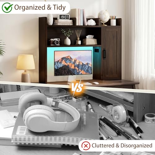 Image of Desktop Bookshelf, Desk Hutch with RGB LED Lights & Power Outlets 37 inch Desk Hutch Organizer with Storage Cabinet Desktop Storage Shelf for 27 inch Monitor, Tabletop Bookcase for Dorm Office Home