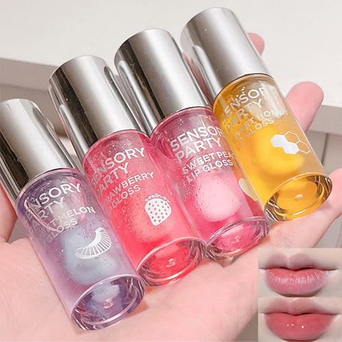 Lip Glow Gloss Plumping Tint,Moisturizing Lip Oil for Lip Lines,4Pcs Jelly Lip Oil,Lip Care Lip Gloss, transparent, 1 count (Pack of 4)