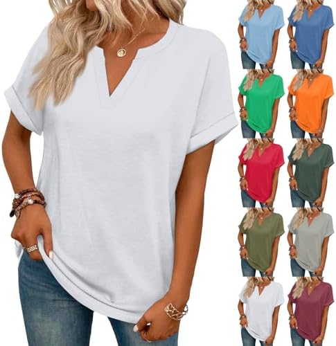 Short Sleeve Tops for Women Casual V Neck T Shirts Cute Summer Long Tunic Tops Loose Fit Soft Comfy Baggy Shirts