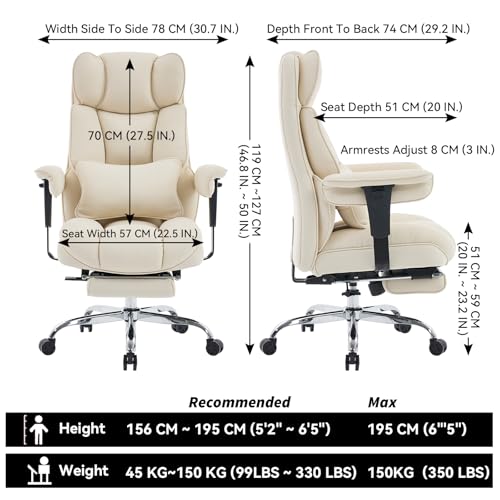 Image of Efomao Executive Office Chair, Beige Fabric Big and Tall Desk Chair | Breathable fabric, pocket spring & foam seat, retractable footrest, 135 recline for computer gaming setup