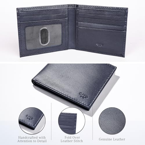 Image of Full Grain Genuine Leather Wallet for Men, Handcrafted Travel Wallet, Minimalist Mens Slim Bifold Wallet, Anti-Theft RFID Blocking Wallet for Men's, Bi-fold - Navy
