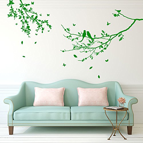 Pegatinas de decoración de paredes y ventanas con diseño de aves y árbol coloridos, vinilo, Verde, small