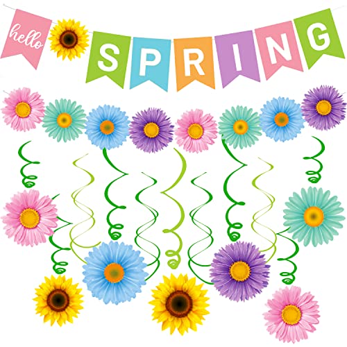 Hello Spring Banner Colorful Flower Hanging Swirls Sun Flowers Daisy Pattern Hanging Banner for Spring Easter Party Decorations Mantle Fireplace Indoor Outdoor Home Classroom Decorations