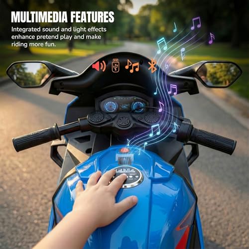Image of Baybee BTR Baby Battery Operated Bike for Kids with Hand Accelerator USB Bluetooth, Rechargeable Rideon Toy Bike with RGB LED Light & Music, Baby Electric Bike for Kids 3+ Years Boys Girls (Blue)