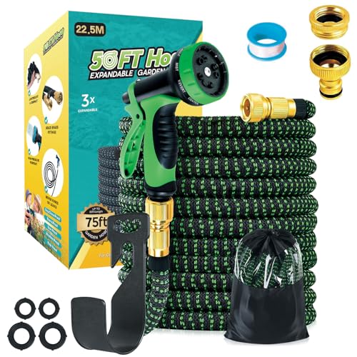 Immagine prodotto: Funnity Tubo Acqua Giardino 22.5 metri, Tubo Per Acqua In Lattice A 3 Strati Resistente, Senza Pieghe, Spray A 10 Funzioni, Estensibile da Giardino Flessibile con Adattatore da 1/2" e 3/4"